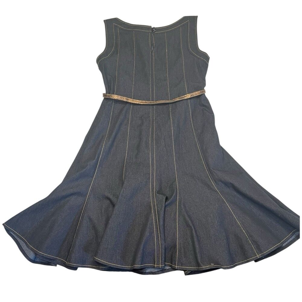 Sandra Darren Denim Fit Flare Dress Petite 4P Dark Wash Belted Workwear Chic - Picture 3 of 13